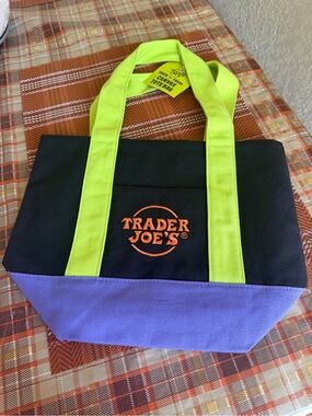 Trader Joe’s mini canvas  Tote Bag in Black, Purple & Lime